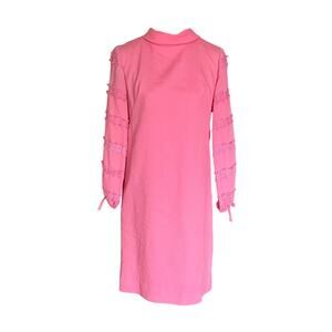 Vintage 50s Mod Pink Crepe Long Full Sleeves Lined Midi Shift Dress Women's M